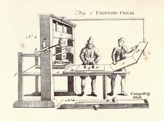 Historical printmaking scene with a press and two workers.