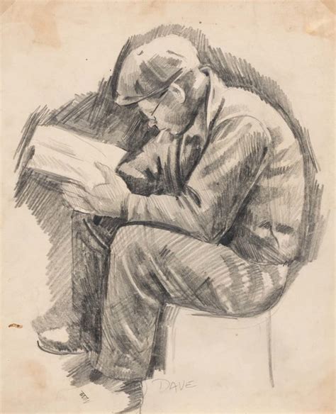 A man reading a newspaper while seated, depicted in a sketch.