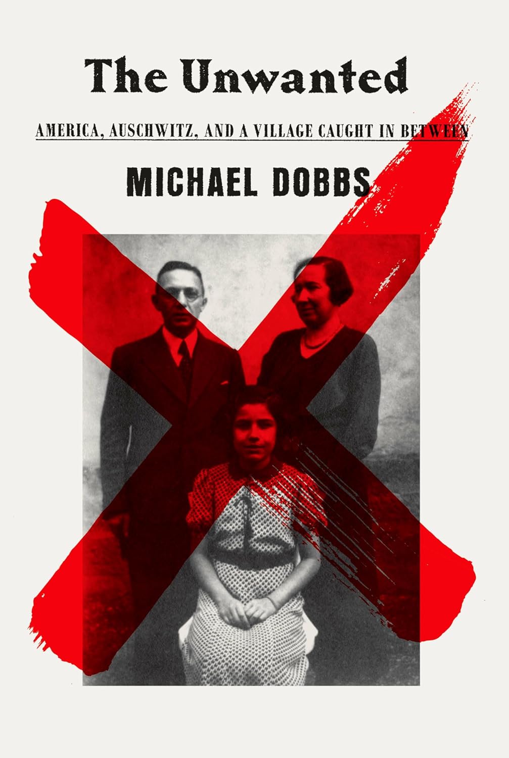 Book cover with a large red X over a black and white photo of three people.