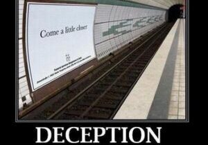 A subway platform with a deceptive advertisement reading 'Hang on... I think it might be a trap.'