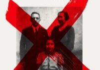 Book cover with a large red X over a black and white photo of three people.