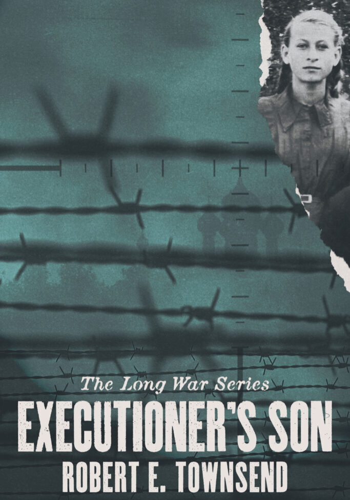 Book cover with barbed wire and a serious face, titled 'Executioner's Son.'