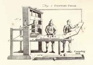 Historical printmaking scene with a press and two workers.