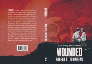 Wounded book cover, red war theme.