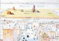 Illustrated cityscape with traffic and ocean in background.