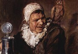 An elderly woman with an owl on her shoulder, wearing a bonnet and ruffled collar.