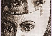 Two faces merging, one overlapping the other in a surreal style.