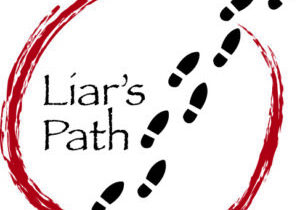 A logo with the text 'Liar's Path' and footsteps crossing a red circular line.